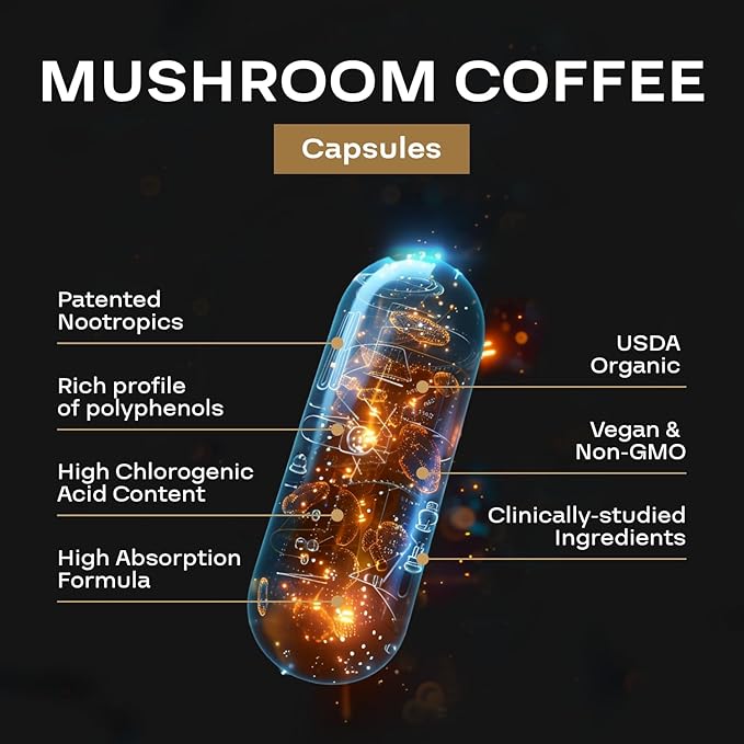 100% Organic Mushroom Coffee Capsules - Natural Energy Supplement with 130mg Caffeine from Clinically Proven Patented Green Coffee Bean &amp Guayusa Extracts for Jitter-Free Energy &amp Focus (90 Se