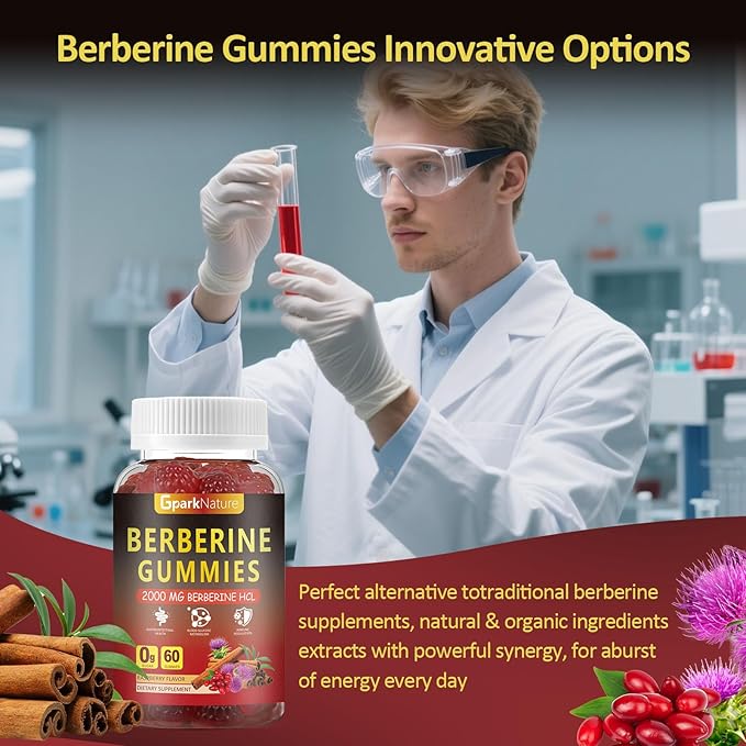 Berberine Gummies 2000 mg Berberine Supplement with Ceylon Cinnamon Turmeric Milk Thistle Magnesium Chromium for Immune Support Sugar Free Vegan Raspberry Flavor 120 Count-2 Pack