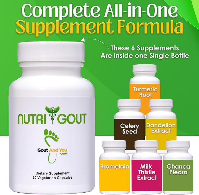 NutriGout Uric Acid Cleanse Supplement w/Turmeric Celery Seed Bromelain Milk Thistle Dandelion and Chanca Piedra 60 Vegetarian Capsules of 500 mg Each