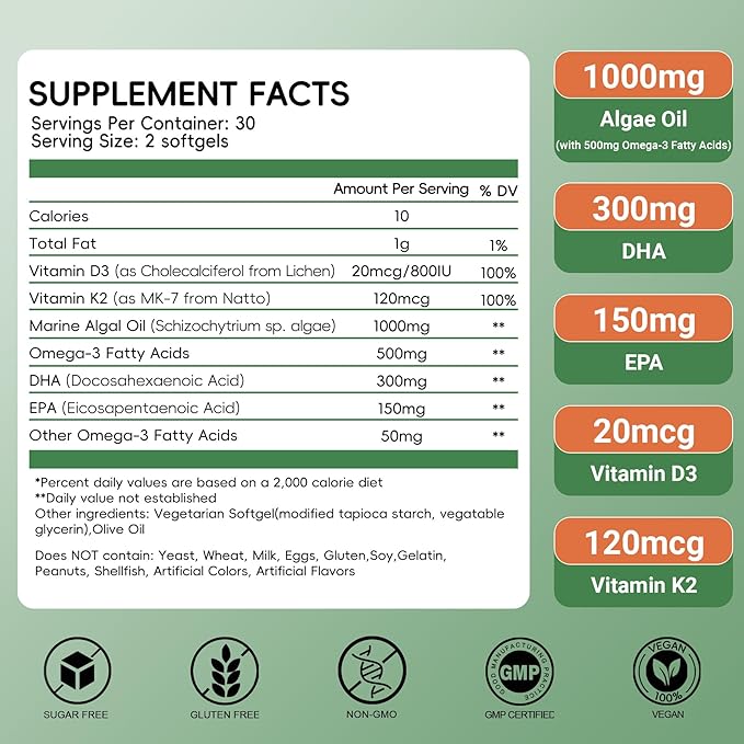 Algae Omega 3 Softgels with 300mg DHA 150mg EPA &amp Vitamin D3 &amp K2 - Omega 3 Supplement Fatty Acid to Support Brain Eye &amp Immunity - Vegan 60 Count