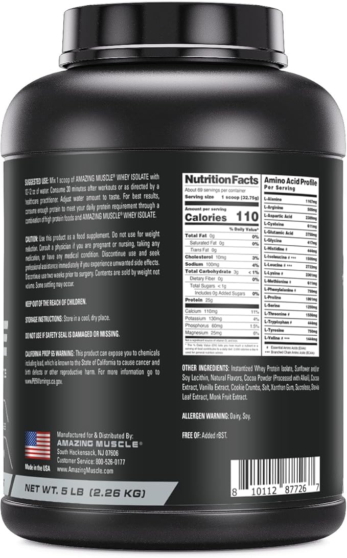 Amazing Muscle Whey Protein Isolate Powder | 25 Grams Protein Per Serving | 100% Whey Isolate | Zero Fat | Made in USA (5 LB Cookies &amp Cream)