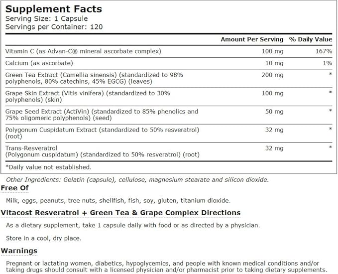 Vitacost Resveratrol + Green Tea &amp Grape Complex - 120 Capsules