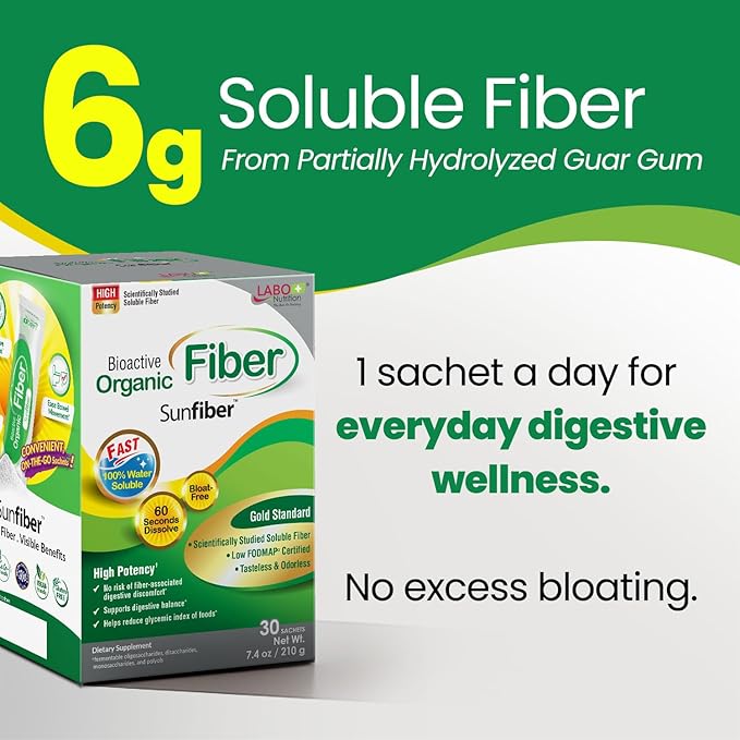 LABO Nutrition Bioactive Organic Fiber – Sunfiber PHGG Soluble Prebiotic Fiber for Digestive Regularity &amp Gut Health – Partially Hydrolyzed Guar Gum Low FODMAP Unflavored Vegan Non-GMO 30 Sac