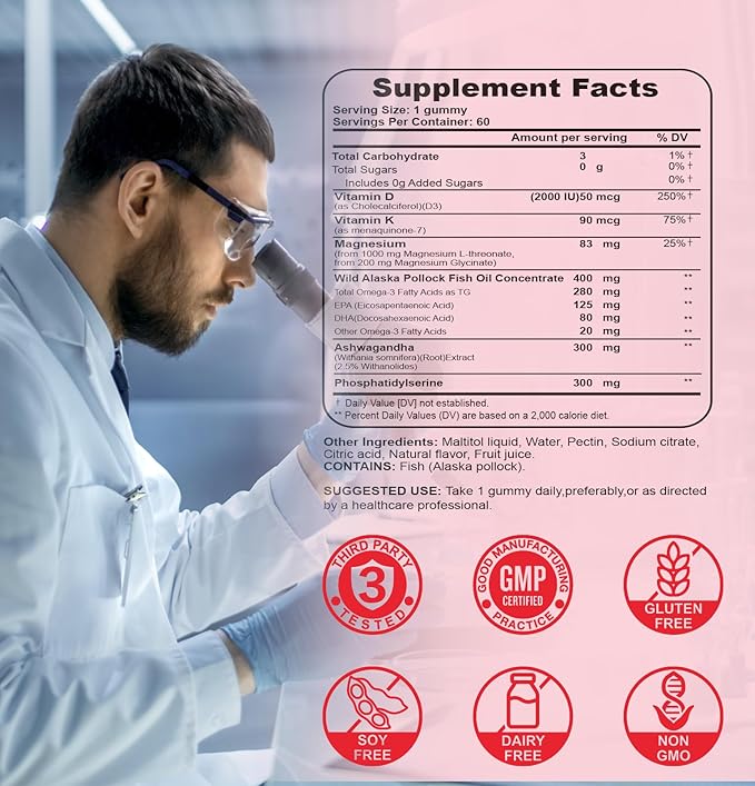 Magnesium L-Threonate Gummies - with Vitamin D K2 &amp Omega-3 Fish Oil - Brain Health Memory and Muscle Support - Vegan Non-GMO Natural Berry Flavor 90 Gummies