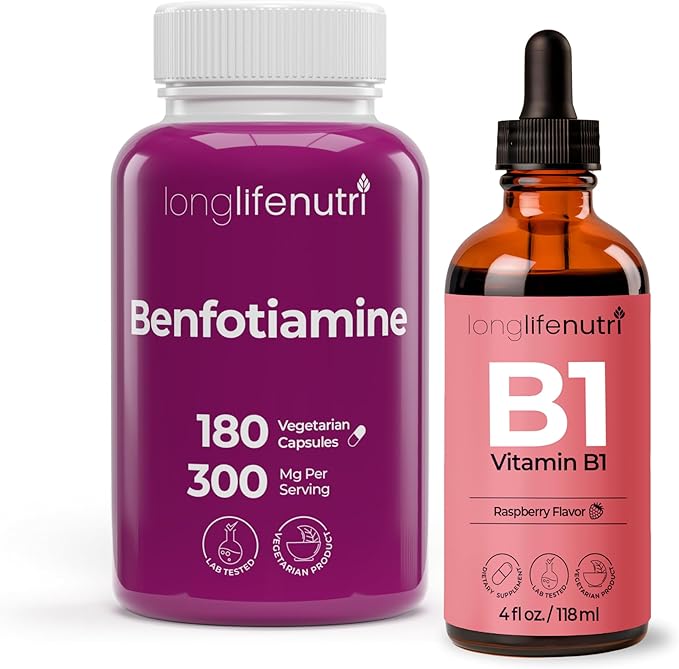 Benfotiamine 300 mg 180 Veg Caps  + Liquid Vitamin B1 Drops (4 fl oz) Bundle  - Dual Action Thiamine for Energy &amp Nerve Health - 6 Month Supply Fast Absorption Vegan Lab - Made is USA Tested