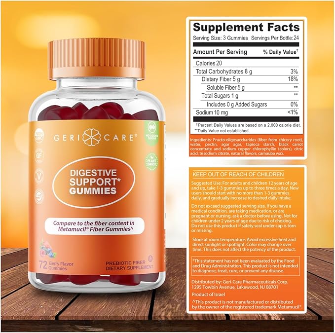 GeriCare Prebiotic Digestive Support Gummies Compare to Metamucil Fiber Gummies Berry Flavor 72 Count Plant-Based Fiber for Gut Health Non-GMO Gluten-Free Vegan Fiber Supplement (2 Pack)