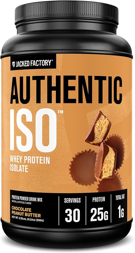 Jacked Factory Authentic ISO Whey Protein Isolate Powder - Low Carb Non-GMO Muscle Building Protein w/No Fillers Post Workout Recovery - 30 Servings Chocolate Peanut Butter