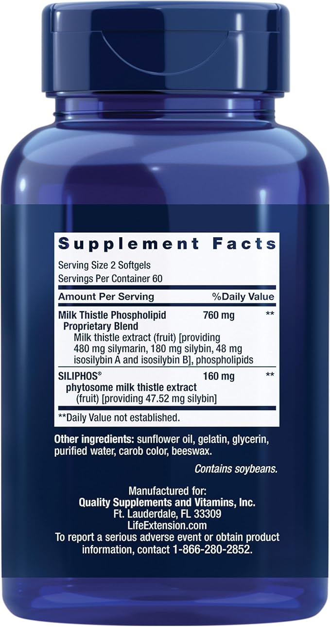 Life Extension Advanced Milk Thistle Liver Health Supplement Liver Detox Cell Division silymarin silybin bioavailable Gluten Free Non-GMO 120 softgels