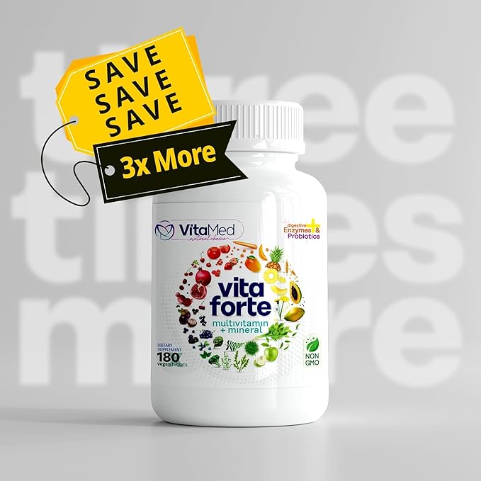 Vita Forte Vegan Multivitamin with Probiotics Digestive Enzymes &amp 42 Fruits &amp Vegetables – Halal Certified Non-GMO Gluten-Free Daily Energy &amp Immune Support – 180 Vegan Tablets