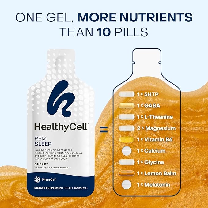 Healthycell REM Sleep - Liquid Gel Extra Strength Sleep Supplement for Adults - Melatonin Magnesium GABA L-theanine Supplement - Maximum Absorption - 14 Gel Packs