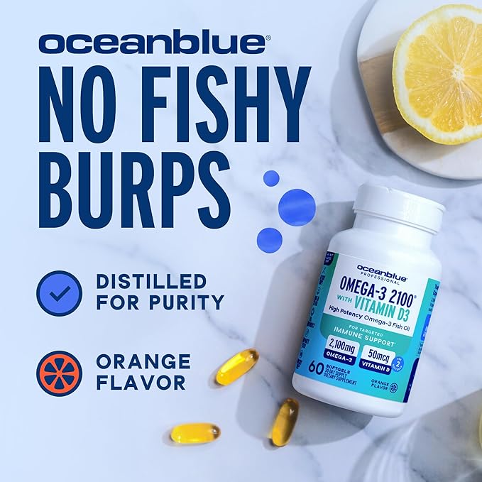Oceanblue Professional Omega-3 2100 with Vitamin D3 – 60 ct – Triple Strength Burpless Fish Oil Supplement with High-Potency EPA DHA DPA and Vitamin D3 – Wild-Caught – Orange Flavor (30 Servings)