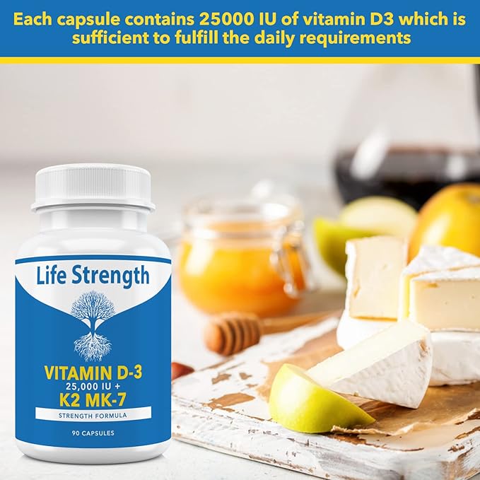 Vitamin K2 (MK7) + D3 25000IU Supplement - Extra Strength Non GMO Easy to Swallow No Fillers - Supports Immune &amp Bone Health