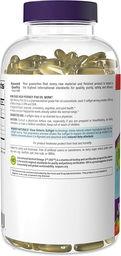 Webber Naturals Fish Oil 2850 mg High Potency 1800 mg Omega-3 per Serving 240 Clear Enteric Softgels No Fishy Aftertaste Ultra-Purified Supports Heart Cognitive and Joint Health