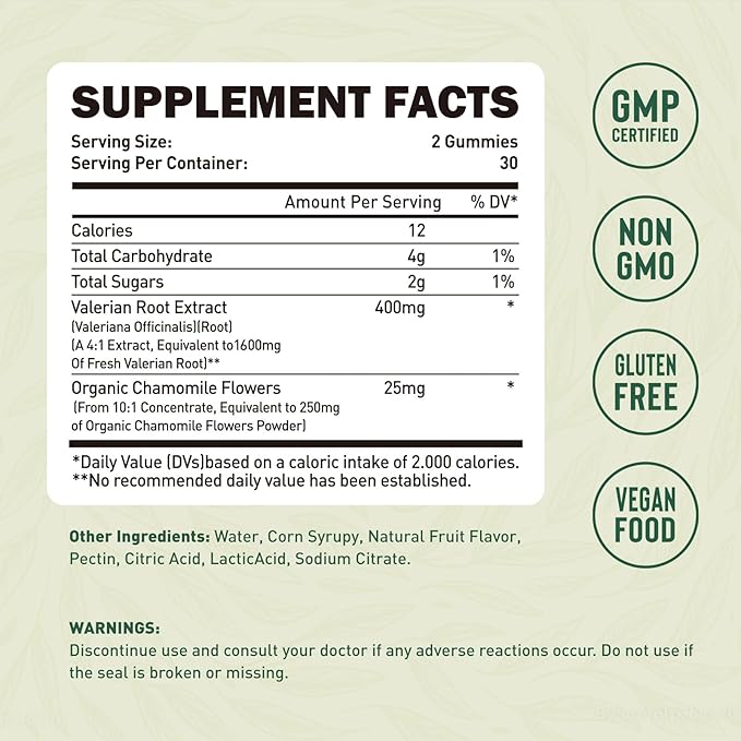 Valerian Root Gummy Organic Valerian Root for Sleep &amp Stress Relief Enhanced with Chamomile Flower for Adults Kids-Friendly Apple Flavor 120 Counts