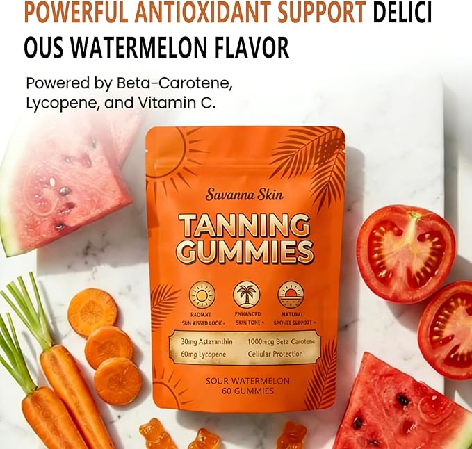 Savanna Skin Tanning Gummies– Premium Astaxanthin &amp Lycopene Formula – Hydration for Natural Looking Glow Bronzing– Watermelon Flavored Vegan Sugar Free – 60 Count