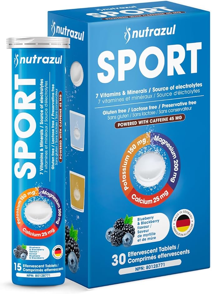 nutrazul Sports Effervescent Tablets Electrolytes &amp 7 Vitamins &amp Minerals Daily Hydration and Energy 45mg Caffeine Blueberry &amp BlackBerry Flavor 30 Count