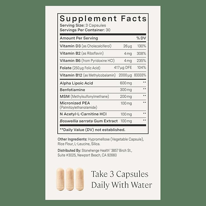Stonehenge Health Dynamic Nerve Supplement - Supports Nerve Function in Fingers Toes Hands and Feet with Alpha Lipoic Acid ALA Benfotiamine Pea Robust B Complex Boswellia