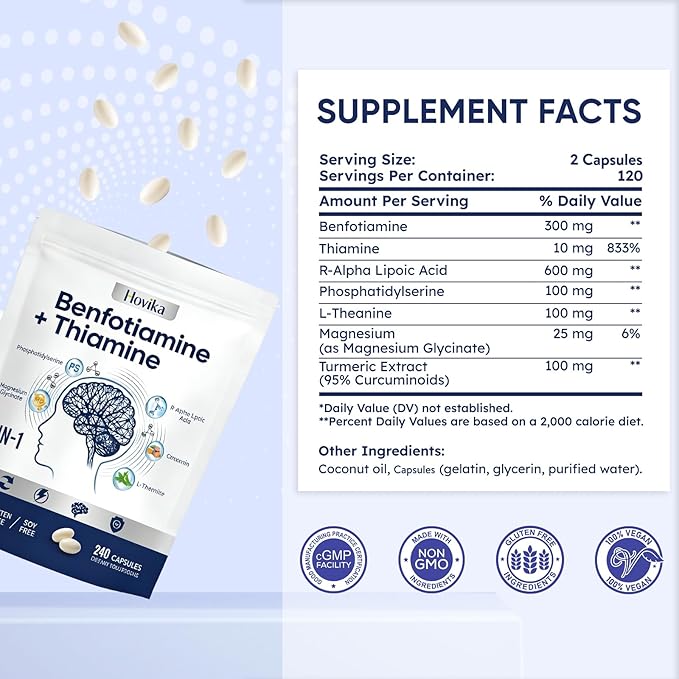 Vitamin B1 Benfotiamine 300mg with R-ALA 600mg &amp Thiamine - Advanced Nerve Support Supplement with Phosphatidylserine L-Theanine Turmeric &amp Magnesium - Non-GMO Gluten Free 240 Capsule