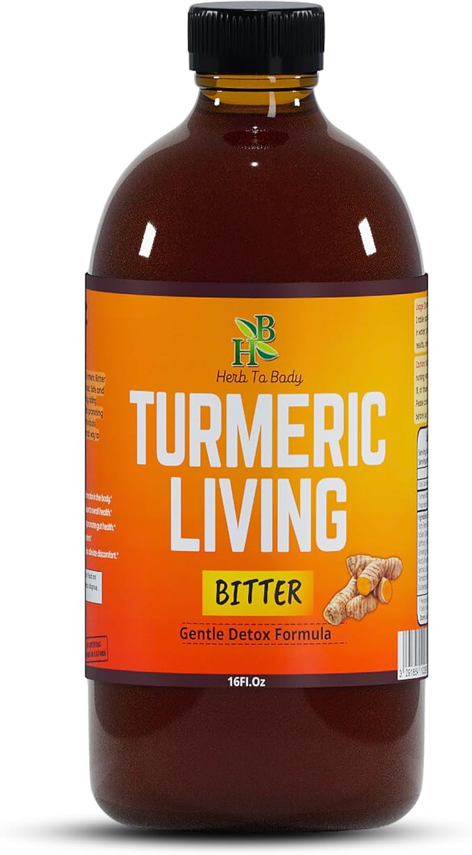Herb To Body Turmeric Bitters Liquid 16oz - with Turmeric Root &amp Natural Herbal Blend Herbal Detox &amp Digestive Bitters Liquid Turmeric Supplement for Wellness &amp Balance