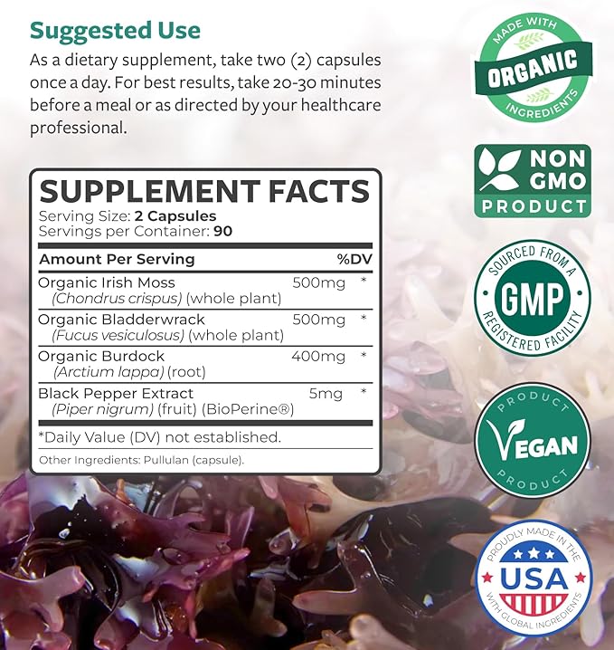 Irish Sea Moss &amp Omega 7 (3-Month Supply) Sea Omega Combo Bundle - Organic Irish Sea Moss - Raw Vegan Supplement (180 Caps) &amp Omega 7 Softgels - Provinal Sustainable Peruvian Anchovy Fish Oil
