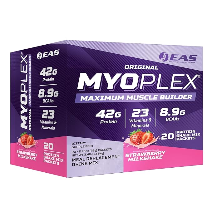 EAS Original Myoplex Maximum Muscle Builder | Meal Replacement Protein Drink Mix | Quality Protein Blend | 42g Protein | 20 Individual Packets (Strawberry Milkshake)