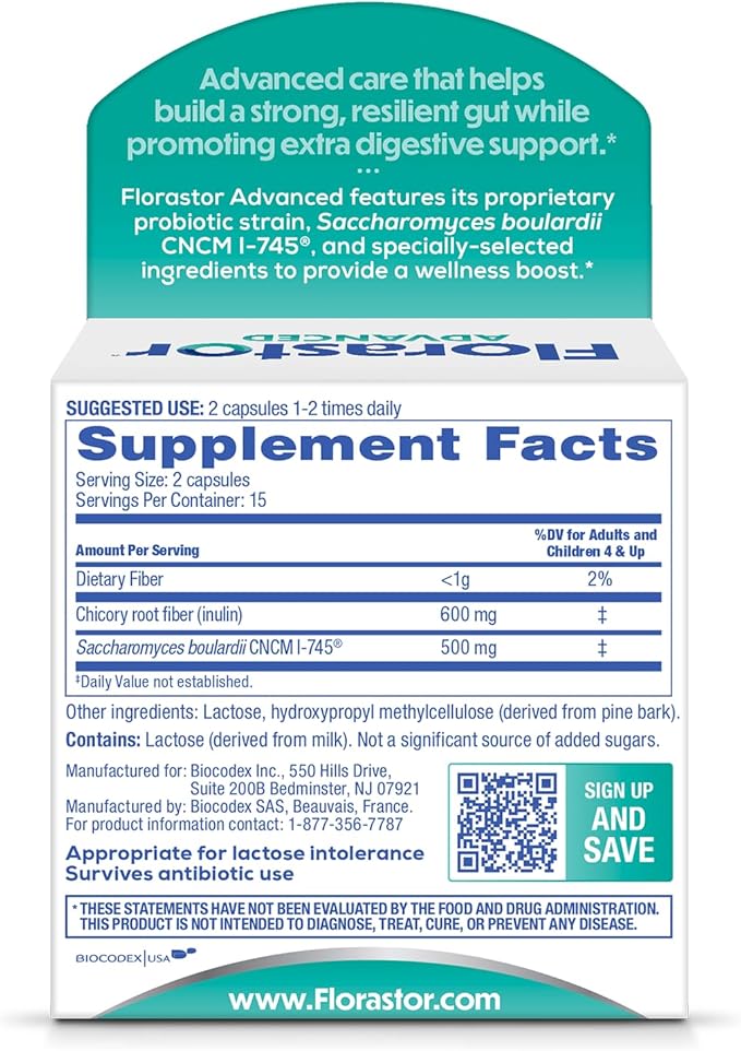 Florastor Select Pro+Pre Daily Probiotic and Prebiotic Supplement for Women and Men Boosts Good Bacteria Saccharomyces Boulardii CNCM I-745 (30 Capsules) (Pack of 1)