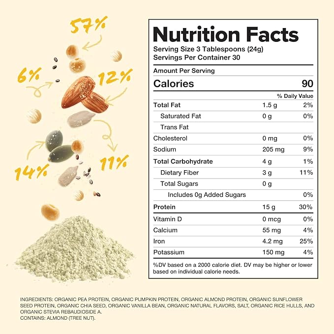 Complement Organic Vanilla Vegan Protein Powder (30 Serving) Low Carb Low Calorie Sugar Free Soy Free Non-GMO Gluten Free Non Dairy- Yellow Pea Pumpkin Seed- 15g Plant Based Protein Powder