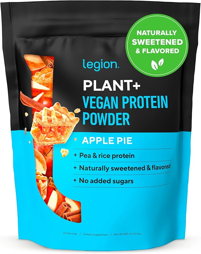 LEGION Plant+ Vegan Protein Powder - Rice and Pea Plant Based Protein Blend. Gluten Free GMO Free Naturally Sweetened and Flavored 20 Servings 2 Lbs (Apple Pie)