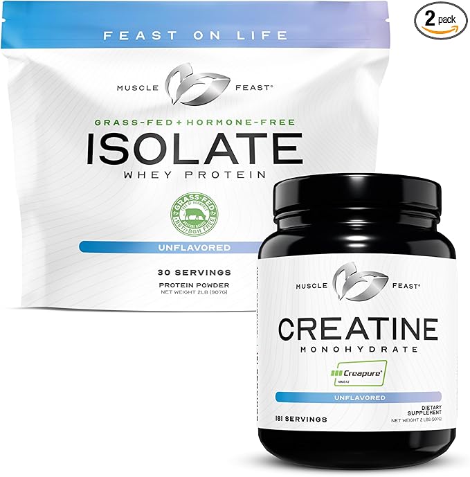 Muscle Feast Creatine + Isolate Bundle: 1 Creatine Powder (Unflavored 2lb) + 1 Whey Protein Isolate (Unflavored 2lb) | Premium Supplements Vegetarian Gluten Free