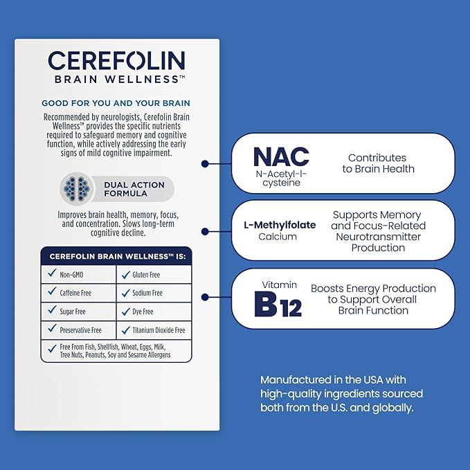 Brain Wellness Targeted Nutrition for Cognitive Support Improves Memory Focus &amp Concentration L-Methylfolate NAC B12 Neurologist Recommended (30 Count)