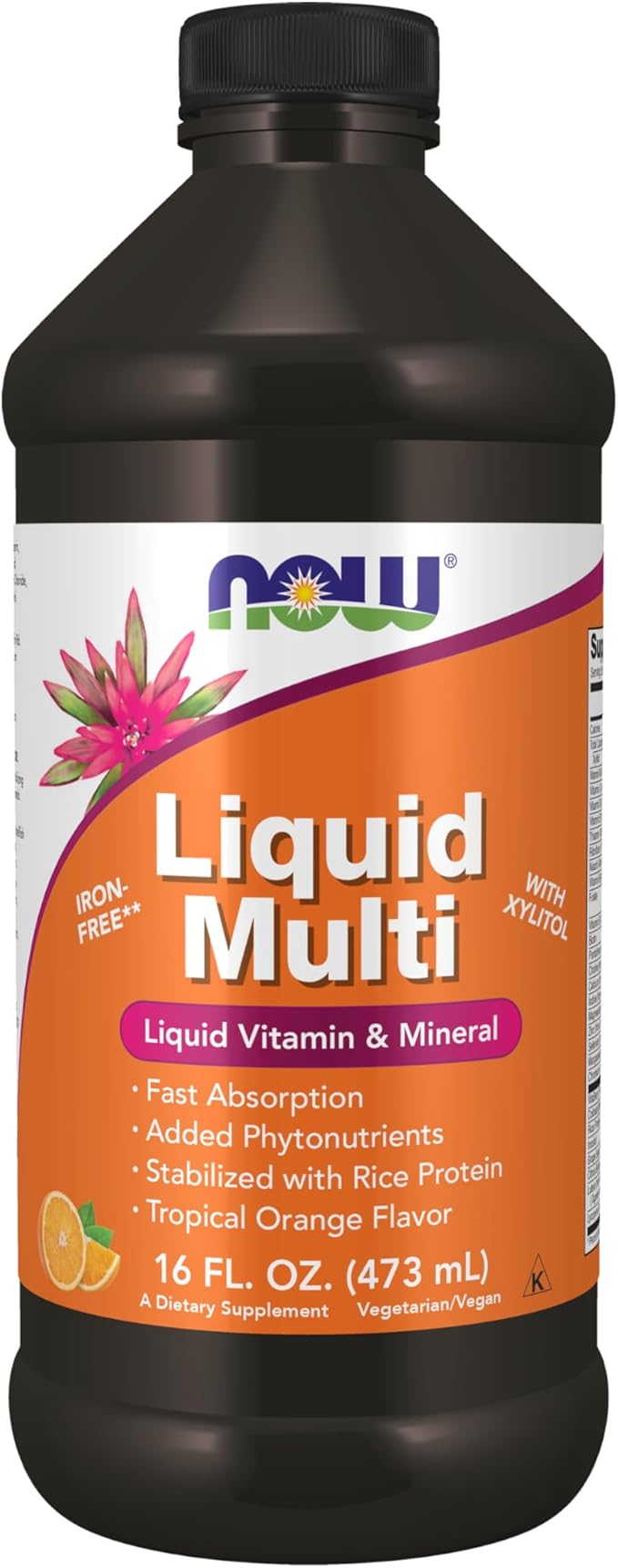 NOW Foods Supplements Liquid Multi Tropical Orange Flavor Fast Absorption with Added Phytonutrients 16-Ounce