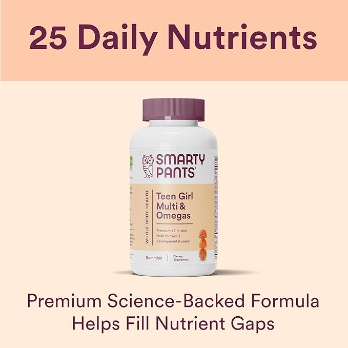 SmartyPants Teen Girl Multivitamin Gummies: Omega 3 Fish Oil (EPA/DHA) Vitamin C D3 B12 Vitamin A K &amp Zinc Gluten Free Includes Biotin to Support Hair Skin &amp Nails 120 Count (30 Day S