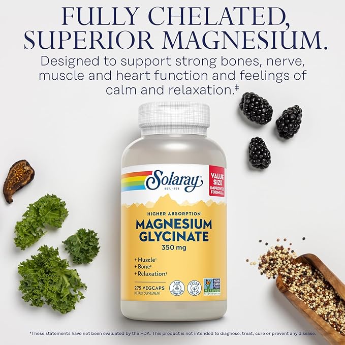SOLARAY Magnesium Glycinate Capsules Chelated Magnesium Bisglycinate w/BioPerine Higher Absorption Magnesium Supplement - Bones Muscles Heart Support Vegan 68 Servings 275 VegCaps