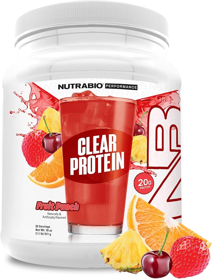 NutraBio Clear Protein Powder Fruit Punch - 20 Servings 20g Clear Whey Protein Isolate 0 Sugar 0g Lactose Refreshing Fruit Flavors GLP1 Support - Bone Health - Muscle Post Workout Recovery