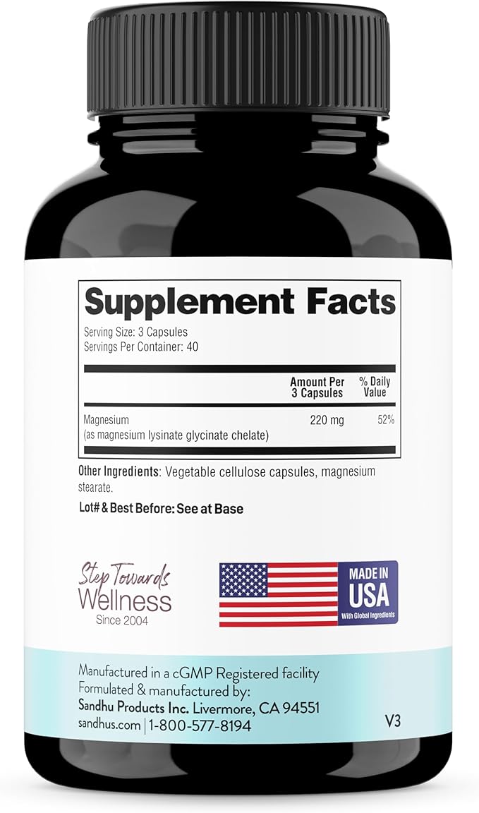 Sandhu's Magnesium Glycinate Lysinate | 120 Easy to Swallow Chelated Vegan Capsules | Magnesium Lysine Chelate Supplement for High Absorption | for Best Sleep Leg Cramps Relaxation