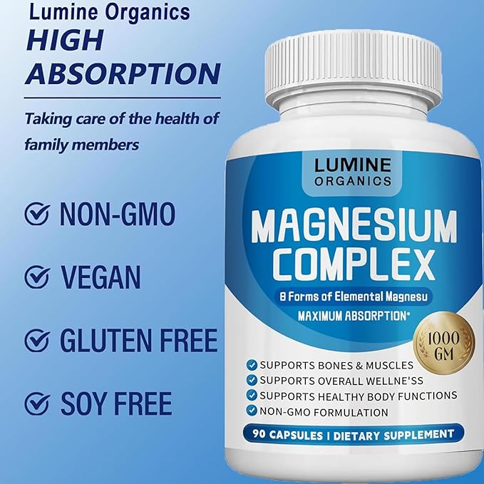 1PCSLumine Organics Magnesium Complex Supplement 1000mg - Advanced 8-in-1 Magnesium Blend - Glycinate Citrate Malate Taurate etc.– High Absorption Formula – Non-GMO 90 Capsules (1B)