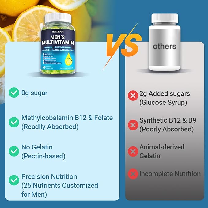 Mens Multivitamins Gummies Methylated Multivitamin with Vitamins A C D K E B Complex Omega-3 Digestive Enzymes Lycopene Calcium Magnesium - Support Brain Muscle Energy Sugar Free 120Cts