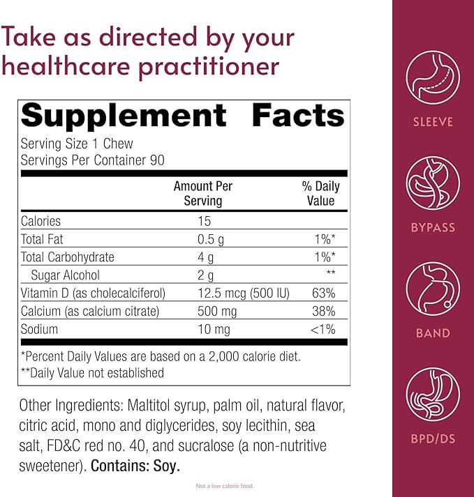 Bariatric Advantage Calcium Citrate Chewy Bites 500 mg - Highly Absorbable &amp Digestible - Vitamin D3 - Easily Chewable Calcium Supplement - Strawberry Flavor - 90 Count