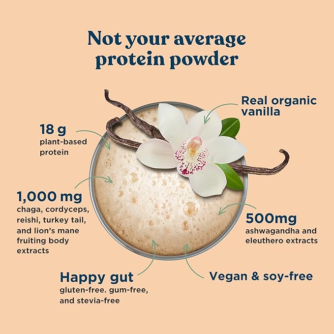 Four Sigmatic Organic Vegan &amp Plant Protein Powders | with Mushrooms Adaptogens | Gluten Free Non-GMO | Vanilla &amp Unflavored