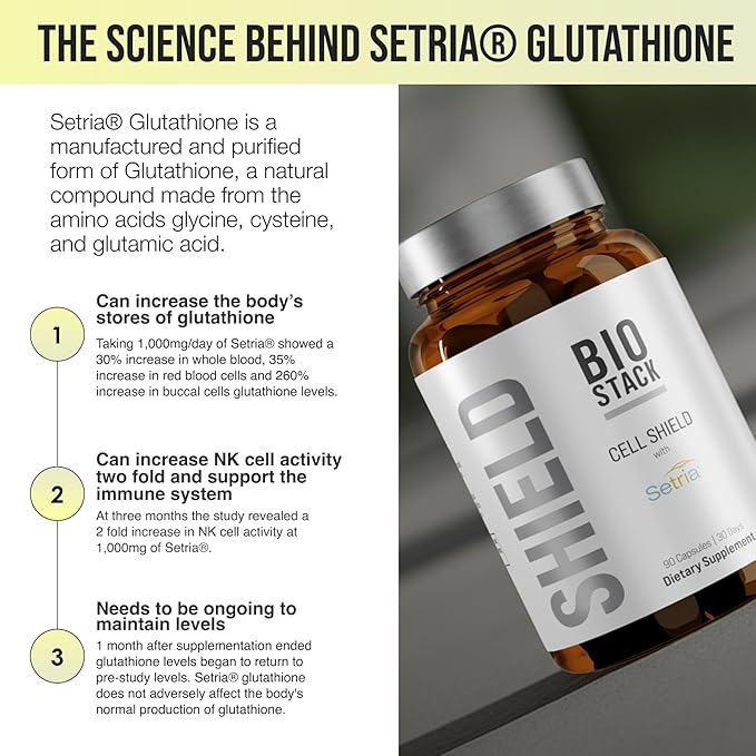BIOSTACK Cell Shield with Setria Glutathione | Liposomal Supplement with Vitamin C Turmeric and C3 Curcumin Complex | Pure Reduced L-Glutathione 500mg