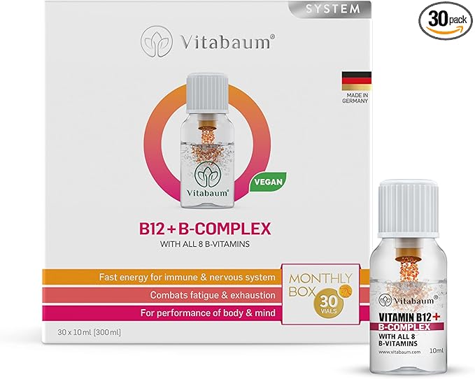 Vitabaum B12 + B-Complex - with 8 Essential B Vitamins - High Dose B12 - Supports Immune Health &amp Metabolism - 30 Vials - 0.34 fl.oz Serving - Twist and Mix System™ for Fast Absorption - Vegan