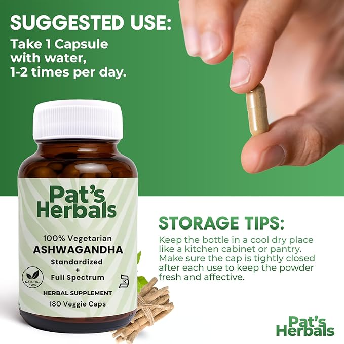 Pat's Herbals Ashwagandha Capsules | 180 Count | 600mg Pure Ashwagandha Root | Vegan &amp Non-GMO | USA Grown