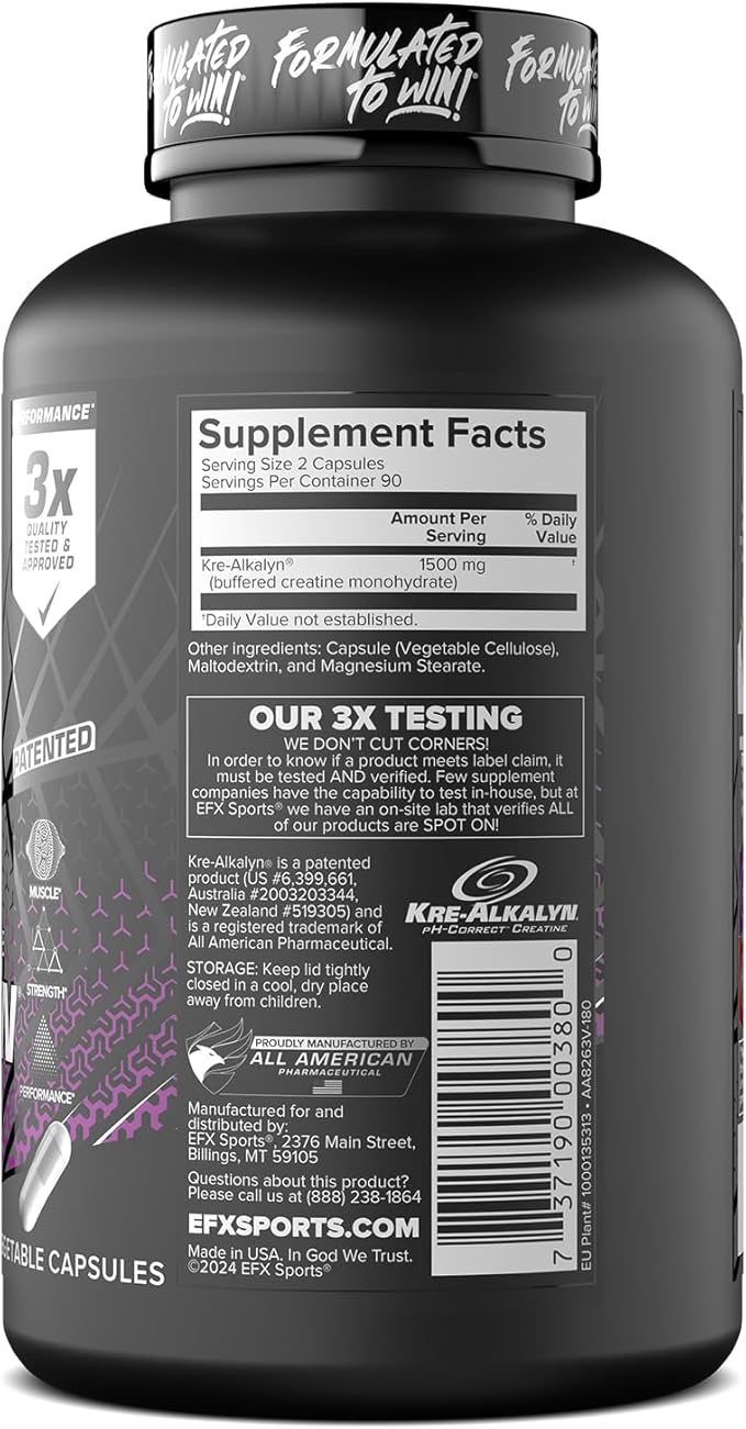 EFX Sports Kre-Alkalyn EFX | pH Correct Creatine Monohydrate Pill Supplement | Vegan Friendly | Strength &amp Muscle Growth | 90 Servings 180 Veggie Capsules