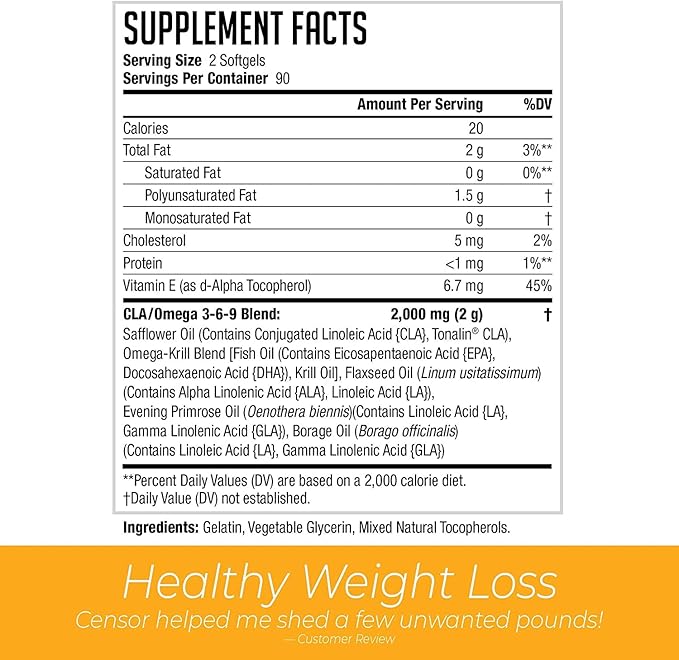 Censor NDS Nutrition Fat Loss and Body Toner with CLA Fish Oil Safflower and Omega 3-6-9 Blend - Dietary Supplement for Improved Energy Metabolism and Health - 180 Softgels