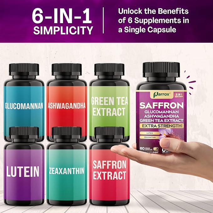 Saffron Supplement with Glucomannan Ashwagandha Green Tea Extract Zeaxanthin &amp Lutein Vision Support &amp Daily Wellness Formula Extra Strength Plant-Based Capsules 2 Month Supply (60 Caps)