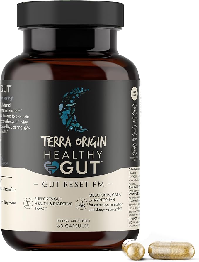 TERRA ORIGIN Healthy Gut Reset PM | 60 Veggie Capsules | Natural Sleep Aid Supplement for Sleep &amp Wake Cycles | GABA L-Theanine Melatonin L-Glutamine Licorice Root Slippery Elm Root