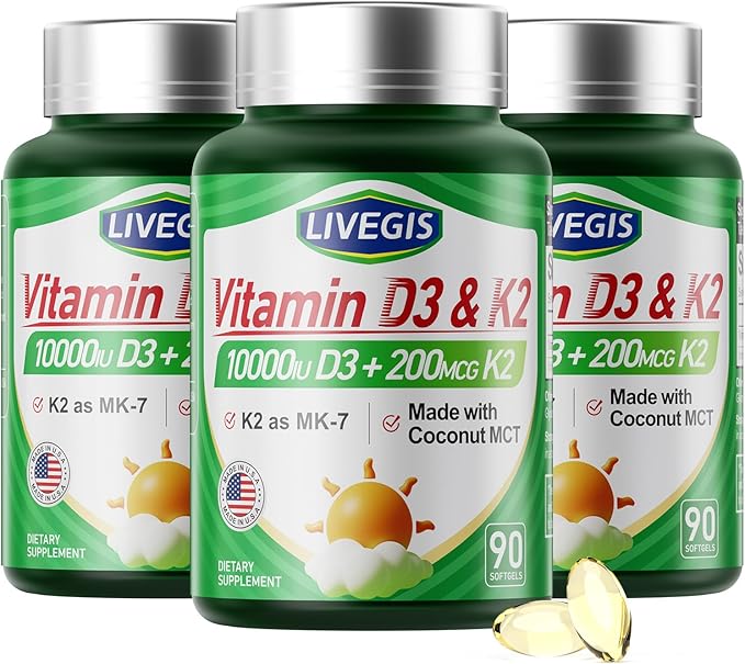 Vitamin D3 K2 Softgels Vitamin D3 10000 IU with K2 (MK-7) 200 mcg with Coconut Oil Softgels Easy to Swallow 2 in 1 Vitamins D &amp K Combo * 3 Packs (270 Counts)