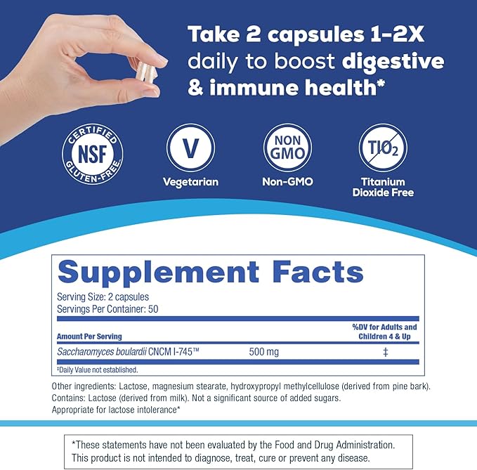 Florastor Probiotics for Digestive and Immune Health 100 Capsules Probiotics for Women &amp Men Helps Flush Out Bad Bacteria Boosts The Good with Our Unique Strain Saccharomyces Boulardii