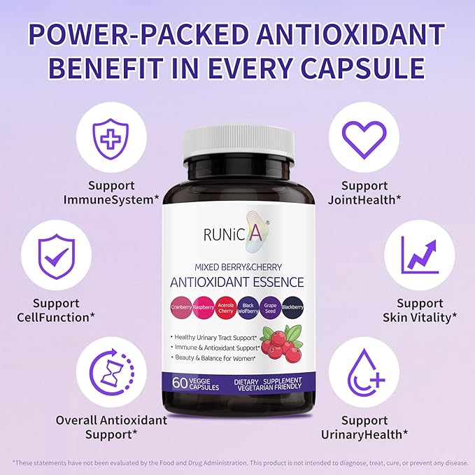 6X 6-in-1 Mixed Berry &amp Cherry Antioxidant Supplement - 6-Berry Superfood Blend for Radiant Skin Glow &amp Immune Support - 60 Vegan Capsules 30-Day Starter Pack