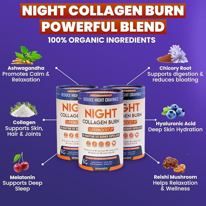 Night Collagen Burn - Weight Loss &amp Belly Fat Burner &amp Sleep Aid for Women &amp Men | Sleep Support for Bloating &amp Metabolism Appetite Suppressant | Supports Skin Hair Nails &amp Join